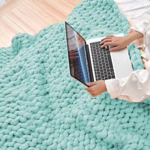 NWT Teal Chunky Knit Blanket Bulky Sofa Throw Hand-Made Super Large